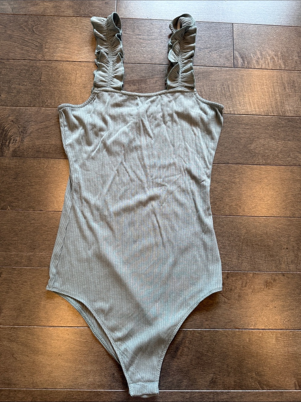 Ribbed One-Piece bodysuit with Ruffle Straps - Sage Green